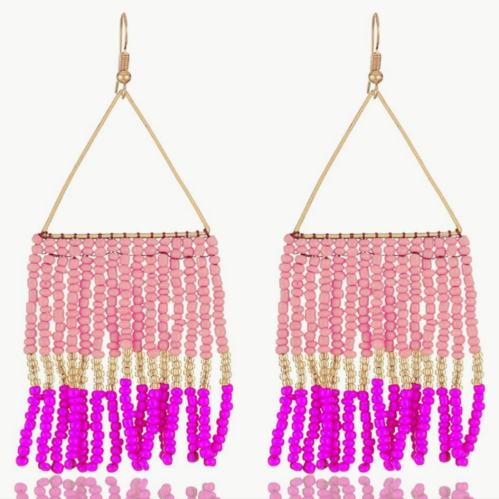 🆕 Boho Fuchsia Pink Gold Seed Beaded Tassel Dangle Long Statement Earrings